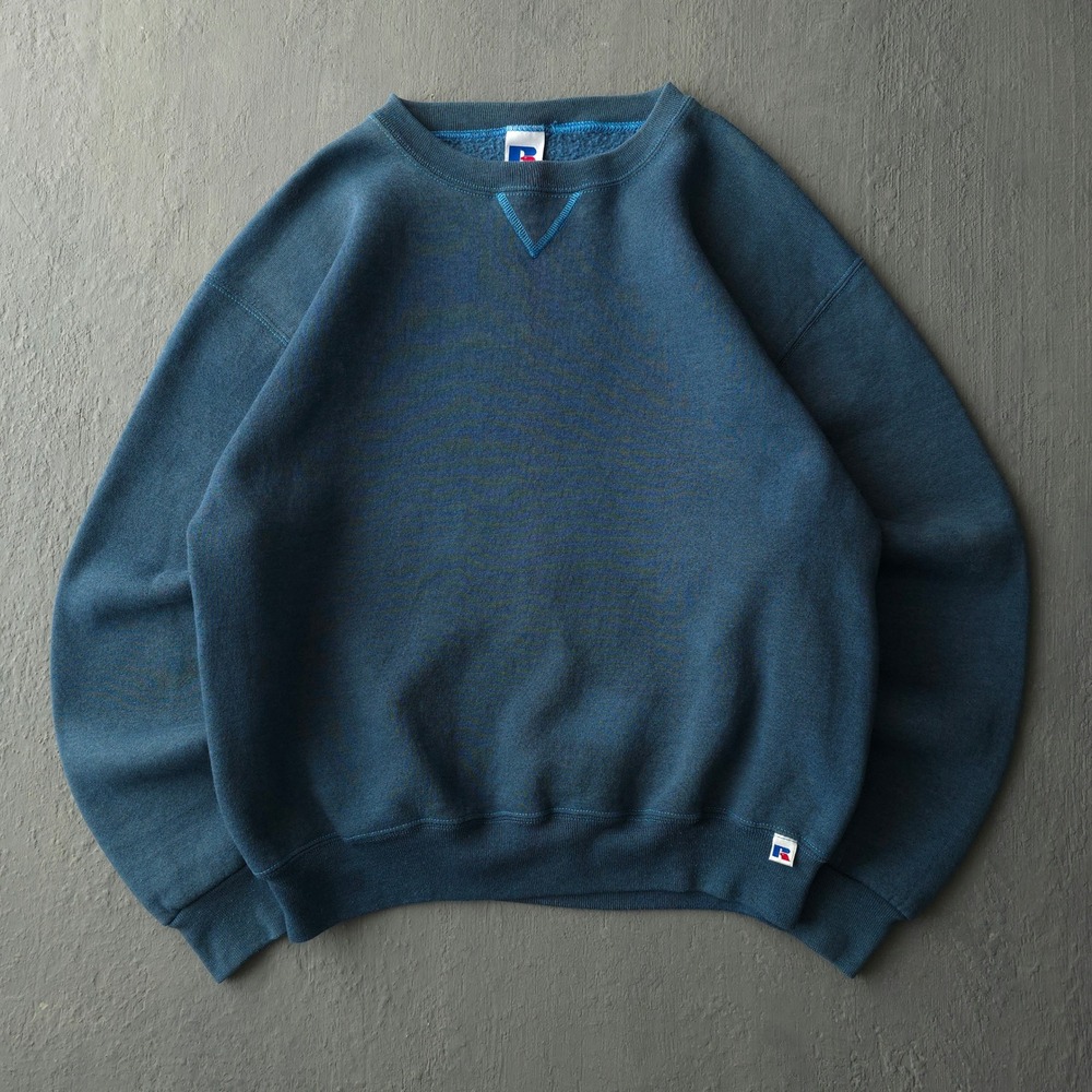 Vintage 90s Russell Athletic Blue Sweatshirt Medium Hand Dyed V-Stitch Crewneck